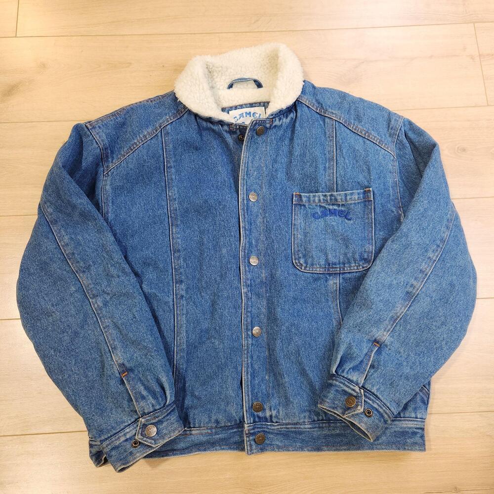Vintage Camel Cigarettes Jacket Mens XL Blue Sherpa Lined Denim Bomber Trucker
